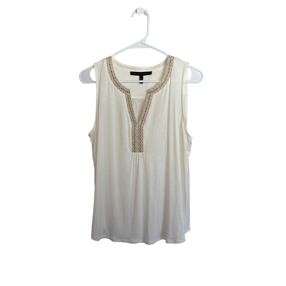 White House Black Market Embellished Split Neck Sleeveless Top‎ Cream Womens M